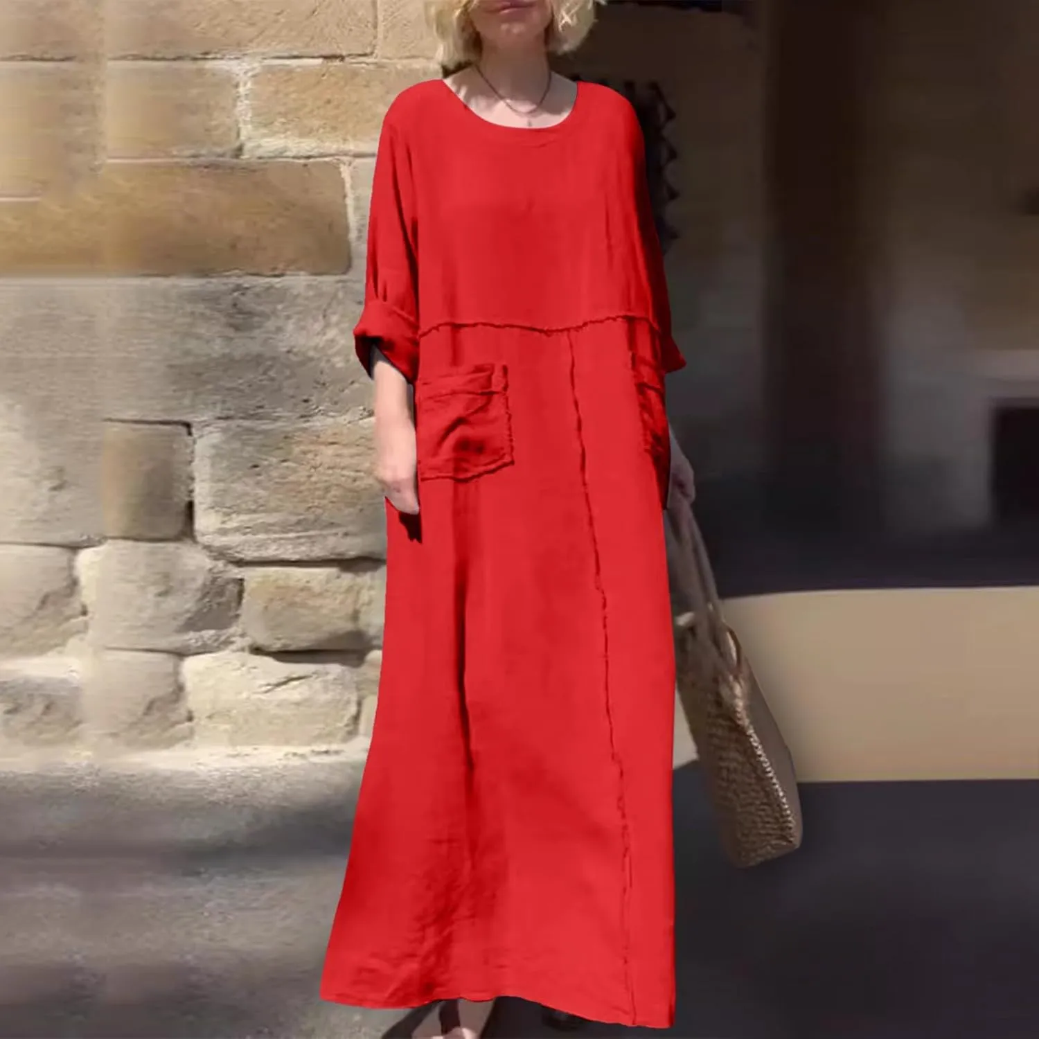 PTOLOCIF Womens Summer Cotton Linen Long Dress Half Sleeve Maxi Dresses O Neck Patchwork Shift Dress Flowy Vacation Sundress