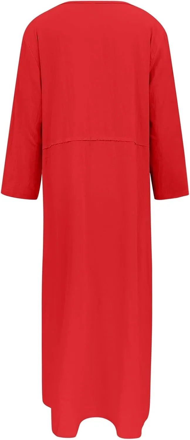 PTOLOCIF Womens Summer Cotton Linen Long Dress Half Sleeve Maxi Dresses O Neck Patchwork Shift Dress Flowy Vacation Sundress