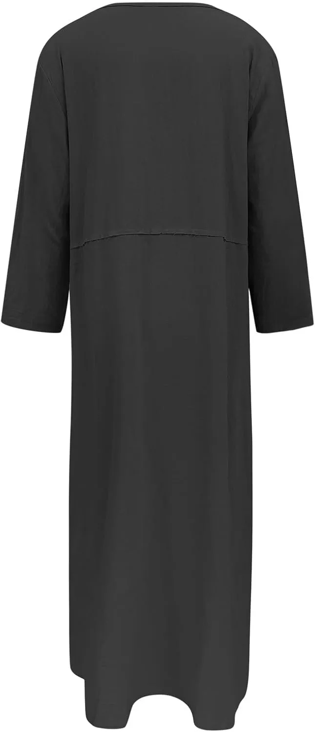 PTOLOCIF Womens Summer Cotton Linen Long Dress Half Sleeve Maxi Dresses O Neck Patchwork Shift Dress Flowy Vacation Sundress