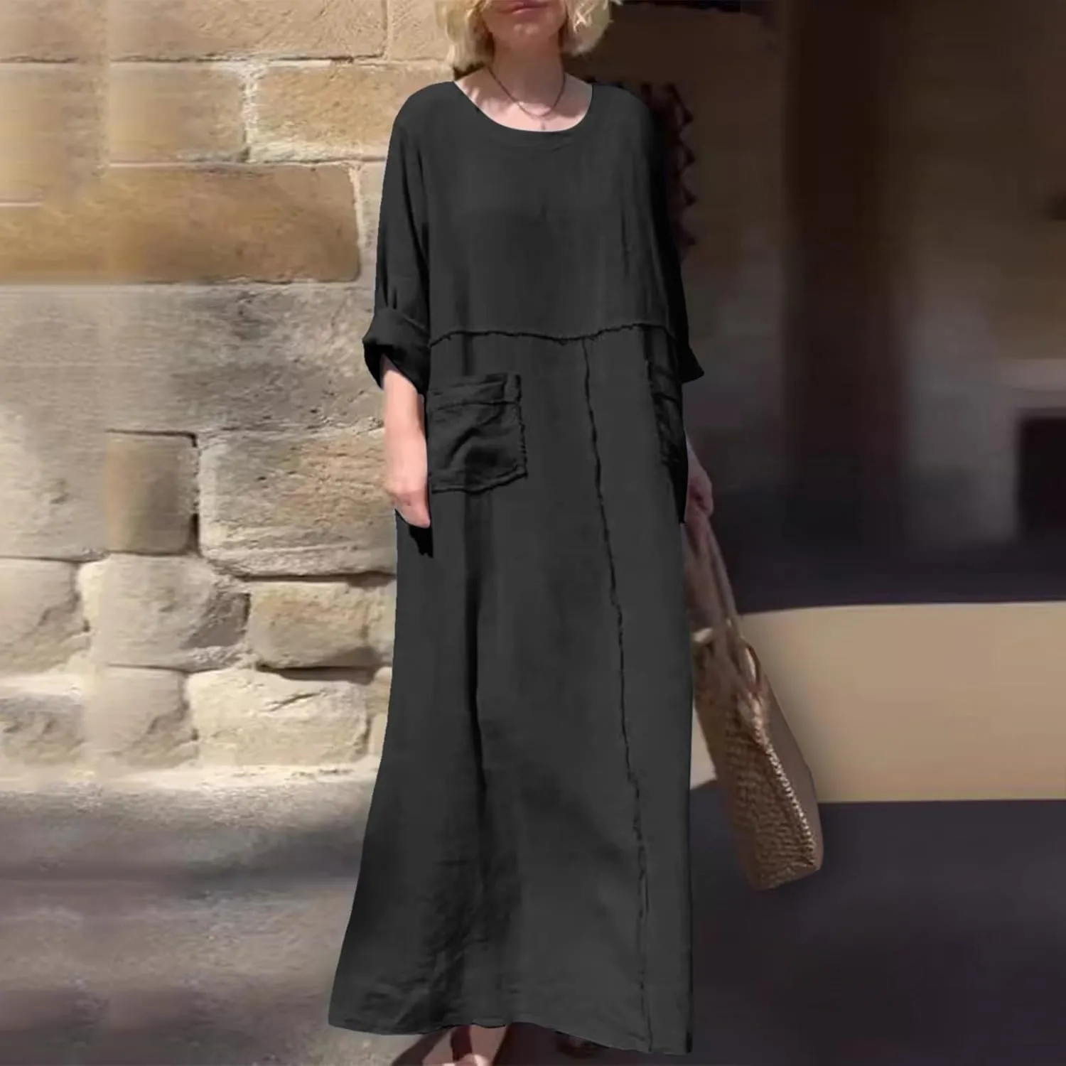 PTOLOCIF Womens Summer Cotton Linen Long Dress Half Sleeve Maxi Dresses O Neck Patchwork Shift Dress Flowy Vacation Sundress
