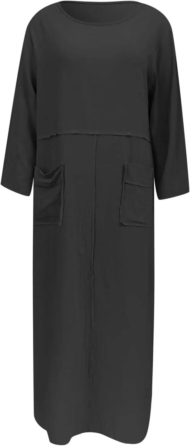 PTOLOCIF Womens Summer Cotton Linen Long Dress Half Sleeve Maxi Dresses O Neck Patchwork Shift Dress Flowy Vacation Sundress