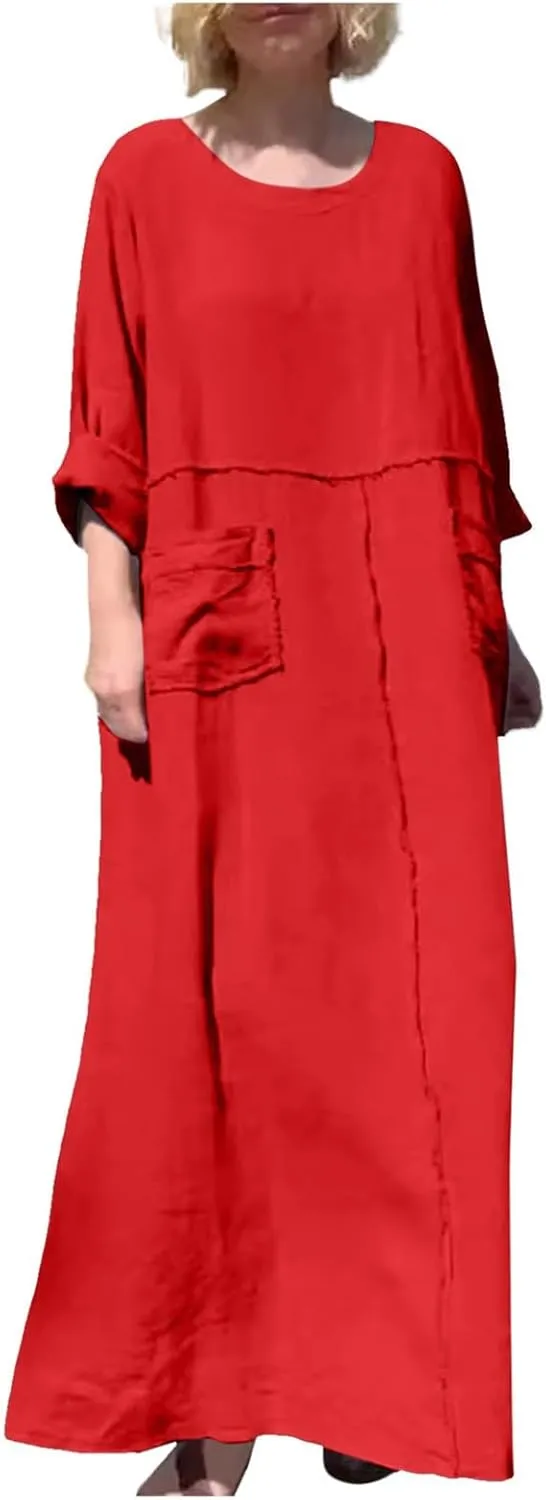 PTOLOCIF Womens Summer Cotton Linen Long Dress Half Sleeve Maxi Dresses O Neck Patchwork Shift Dress Flowy Vacation Sundress
