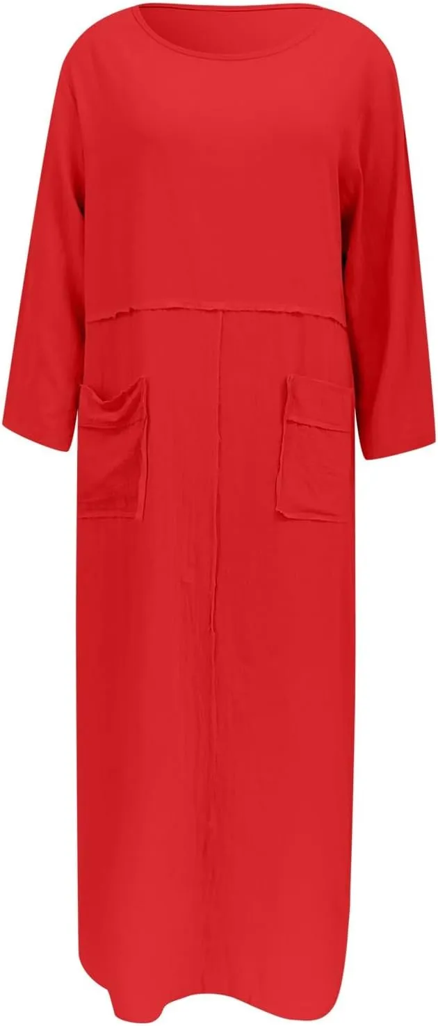PTOLOCIF Womens Summer Cotton Linen Long Dress Half Sleeve Maxi Dresses O Neck Patchwork Shift Dress Flowy Vacation Sundress