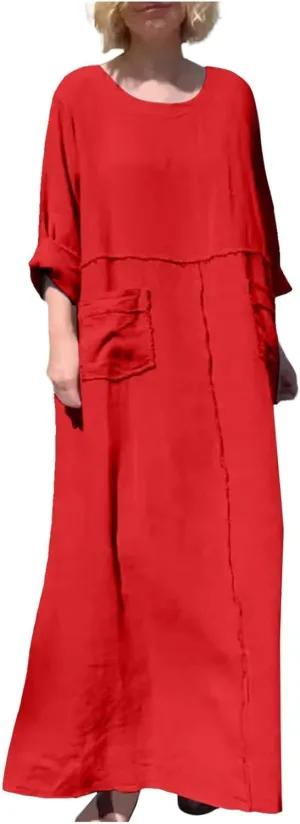PTOLOCIF Womens Summer Cotton Linen Long Dress Half Sleeve Maxi Dresses O Neck Patchwork Shift Dress Flowy Vacation Sundress