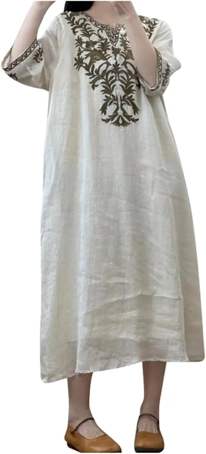 PTOLOCIF Women's Summer Short Sleeve Maxi Dress 2025 Casual Loose V Neck Hem Shift Sundress Vinatge Boho Long Dresses