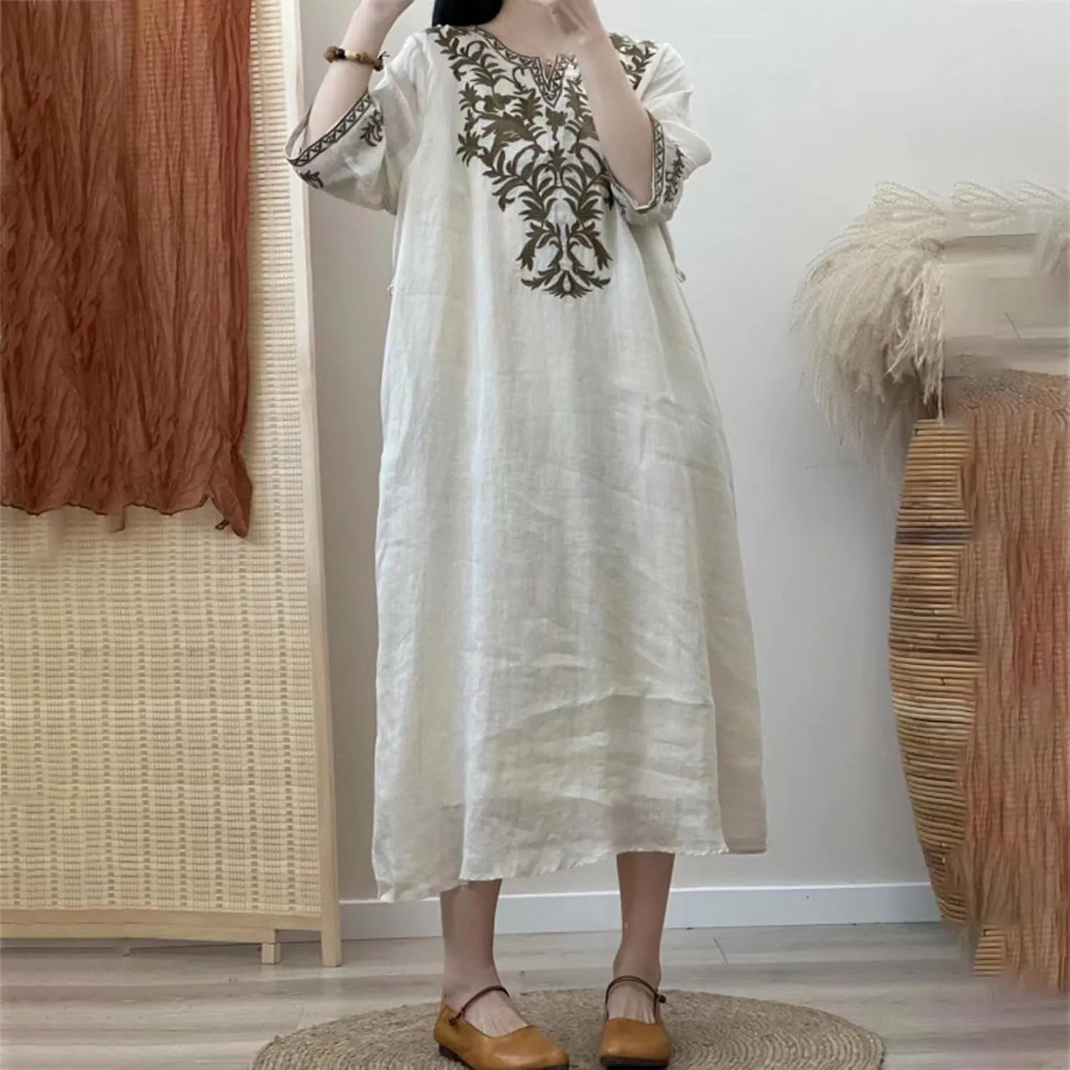 PTOLOCIF Women's Summer Short Sleeve Maxi Dress 2025 Casual Loose V Neck Hem Shift Sundress Vinatge Boho Long Dresses