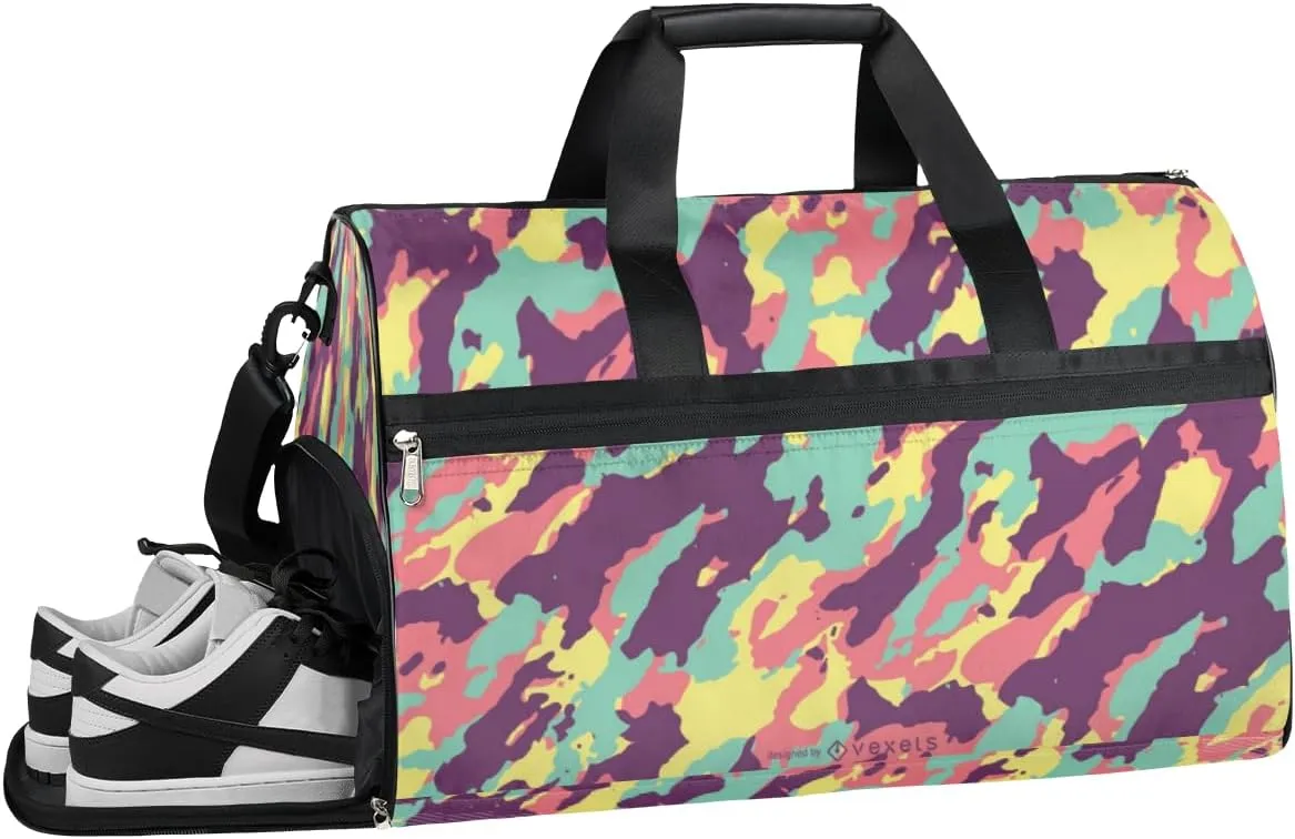 Rainbow Camo Sports Gym Bag with Wet Pocket & Shoes Compartment Waterproof Workout Duffel Bag for Women and Men Weekender Overnight Duffle Bag Travel Carry-on Tote