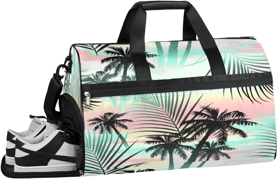 Rainbow Palm Leaf Sports Gym Bag with Wet Pocket & Shoes Compartment Waterproof Workout Duffel Bag for Women and Men Weekender Overnight Duffle Bag Travel Carry-on Tote