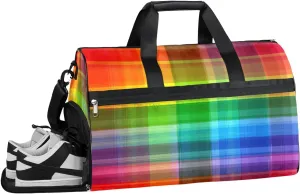 Rainbow Plaid Pattern Sports Gym Bag with Wet Pocket & Shoes Compartment Waterproof Workout Duffel Bag for Women and Men Weekender Overnight Duffle Bag Travel Carry-on Tote