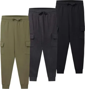 Real Essentials 3 Pack: Boys Fleece Cargo Jogger Sweatpants Athletic Workout Kids Pocket and Drawstring Size 4-18