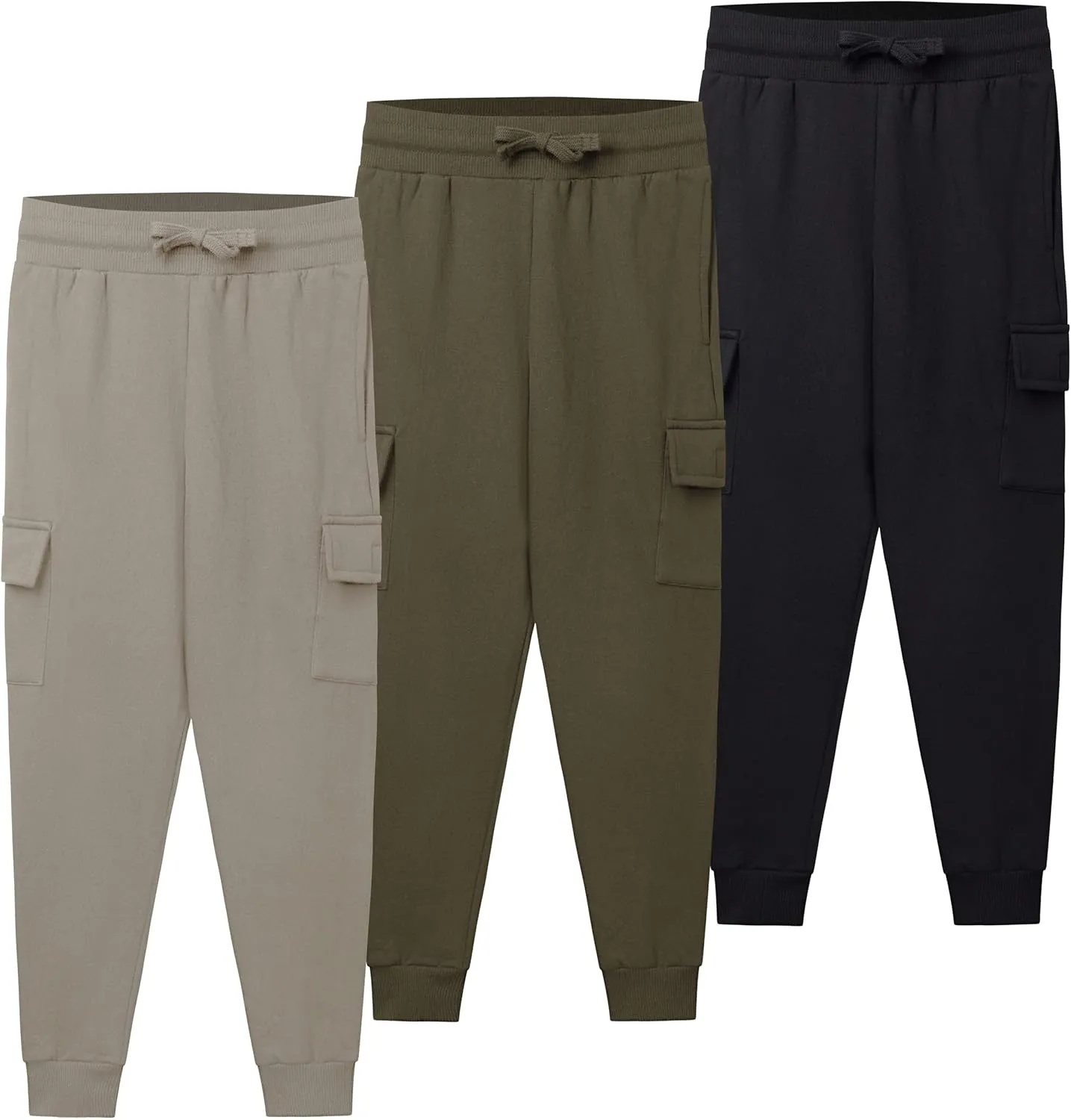 Real Essentials 3 Pack: Boys Fleece Cargo Jogger Sweatpants Athletic Workout Kids Pocket and Drawstring Size 4-18