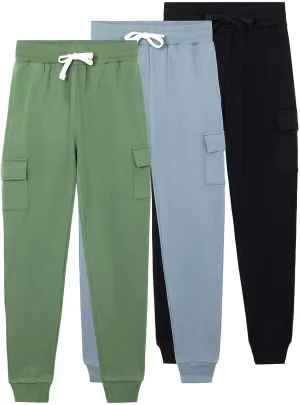 Real Essentials 3 Pack: Boys Fleece Cargo Jogger Sweatpants Athletic Workout Kids Pocket and Drawstring Size 4-18