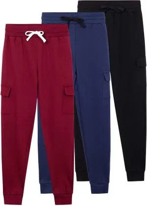 Real Essentials 3 Pack: Boys Fleece Cargo Jogger Sweatpants Athletic Workout Kids Pocket and Drawstring Size 4-18