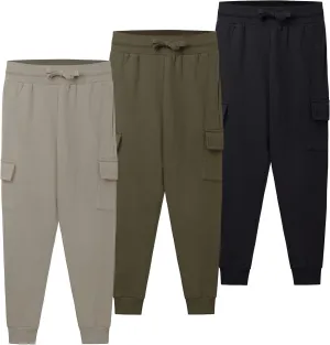 Real Essentials 3 Pack: Boys Fleece Cargo Jogger Sweatpants Athletic Workout Kids Pocket and Drawstring Size 4-18