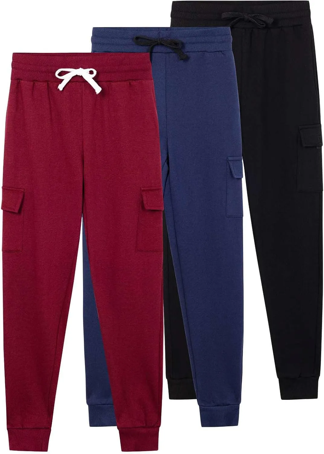 Real Essentials 3 Pack: Boys Fleece Cargo Jogger Sweatpants Athletic Workout Kids Pocket and Drawstring Size 4-18