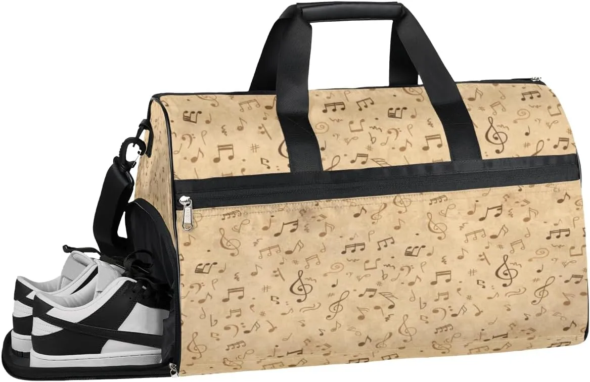 Retro Music Notes Sports Gym Bag for Women and Men Travel Duffel Bag Overnight Shoulder Bag Waterproof Workout Bag Portable Sports Tote with Shoes Compartment