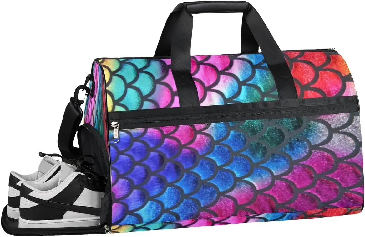 Sea Mermaid Sports Gym Bag with Wet Pocket & Shoes Compartment Waterproof Workout Duffel Bag for Women and Men Weekender Overnight Duffle Bag Travel Carry-on Tote