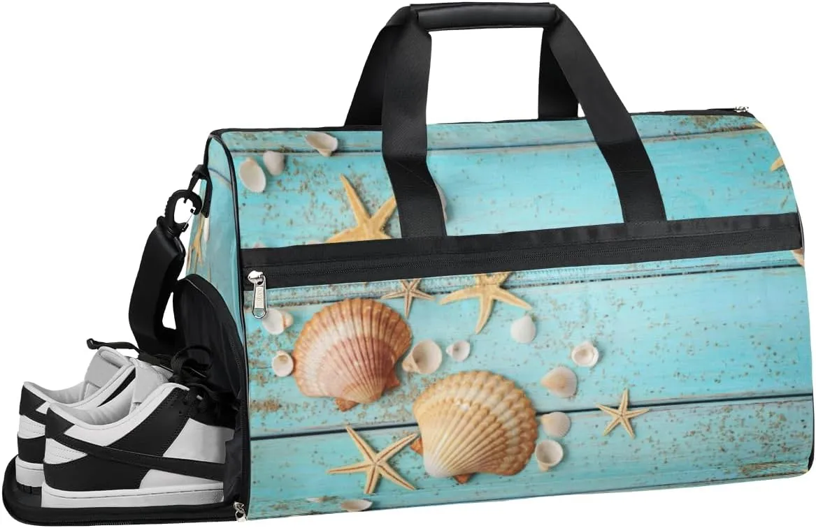 Sea Shells Sports Gym Bag with Wet Pocket & Shoes Compartment Waterproof Workout Duffel Bag for Women and Men Weekender Overnight Duffle Bag Travel Carry-on Tote