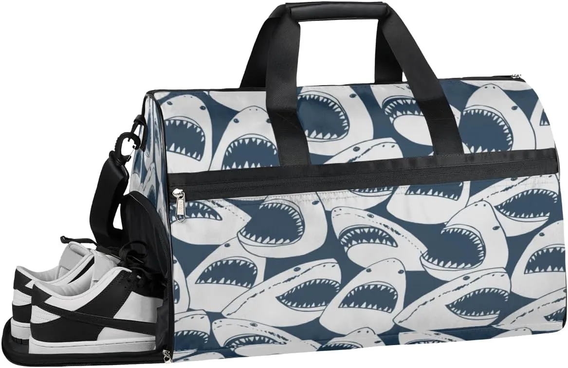 Shark Pattern Sports Gym Bag with Wet Pocket & Shoes Compartment Waterproof Workout Duffel Bag for Women and Men Weekender Overnight Duffle Bag Travel Carry-on Tote
