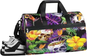 Skull Flower Style Sports Gym Bag with Wet Pocket & Shoes Compartment Waterproof Workout Duffel Bag for Women and Men Weekender Overnight Duffle Bag Travel Carry-on Tote