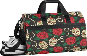 Skull Flowers Sports Gym Bag with Wet Pocket & Shoes Compartment Waterproof Workout Duffel Bag for Women and Men Weekender Overnight Duffle Bag Travel Carry-on Tote