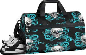 Skull Octopus Sports Gym Bag with Wet Pocket & Shoes Compartment Waterproof Workout Duffel Bag for Women and Men Weekender Overnight Duffle Bag Travel Carry-on Tote