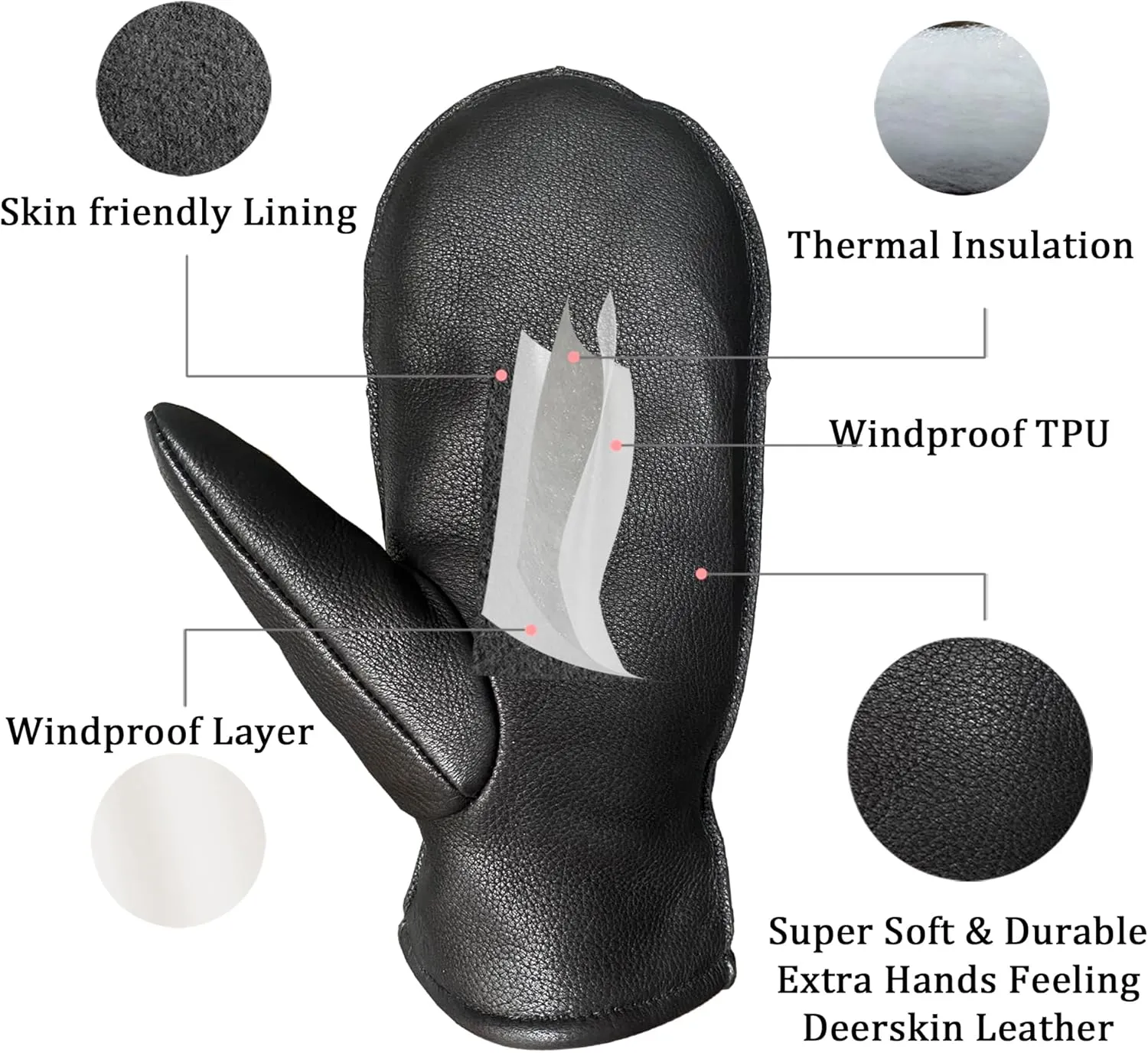 SKYDEER 100% Full Grain Deerskin Leather Winter Mittens for Women, Super Soft for Daily Use