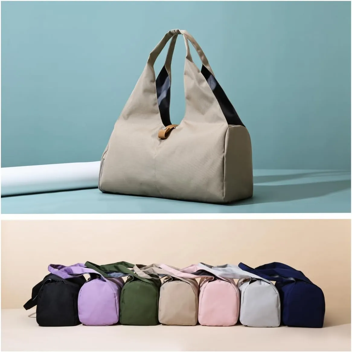 Small Gym Bag for Women with Shoe Compartment & Wet Pocket Sports Travel Duffel Bag,Yoga Gym Totes With Mat Holder,Waterproof Carry On Weekender Overnight Bag (Khaki)