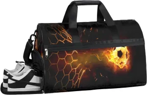 Soccer Ball Fire Sports Gym Bag with Wet Pocket & Shoes Compartment Waterproof Workout Duffel Bag for Women and Men Weekender Overnight Duffle Bag Travel Carry-on Tote