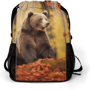 Sports Belt Pocket,Brown Bear in Autumn Drawstring Backpack,drawstring Bag,travel Drawstring Backpack with Side Pocket, 45.5x41.5x36cm, Style