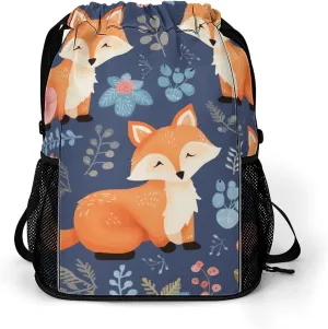 Sports Belt Pocket,Cute Animal Fox Flower Drawstring Backpack,drawstring Bag,travel Drawstring Backpack with Side Pocket