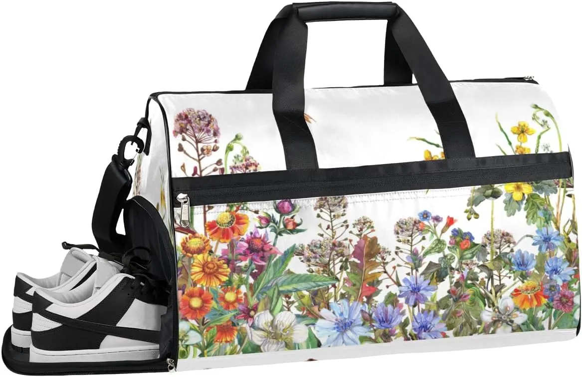 Spring Wildflowers Floral Sports Gym Bag with Wet Pocket & Shoes Compartment Waterproof Workout Duffel Bag for Women and Men Weekender Overnight Duffle Bag Travel Carry-on Tote