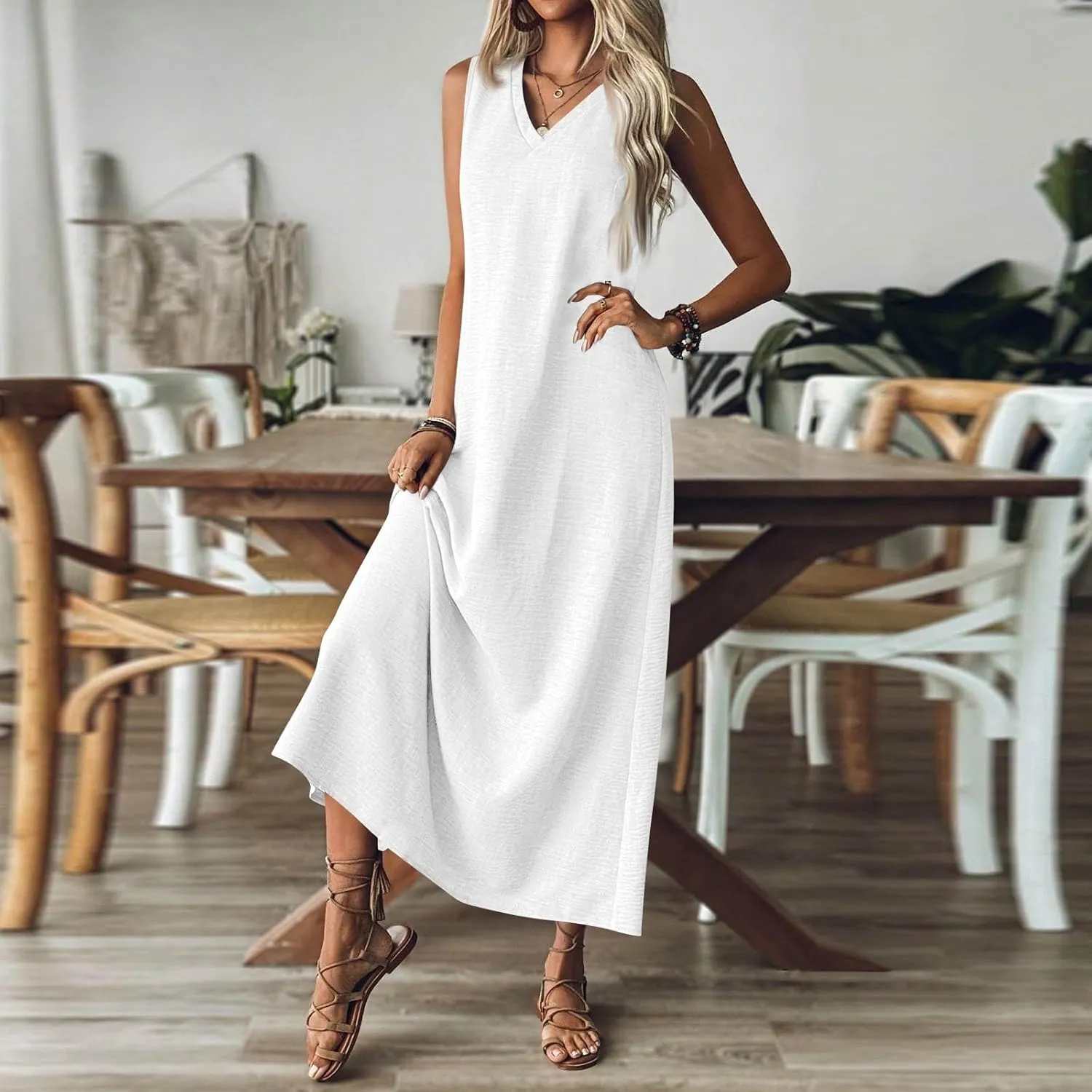 Summer Dresses for Women 2025 Sleeveless Casual Cotton Linen Sundress Plus Size Maxi Tank Beach Dress with Pocket
