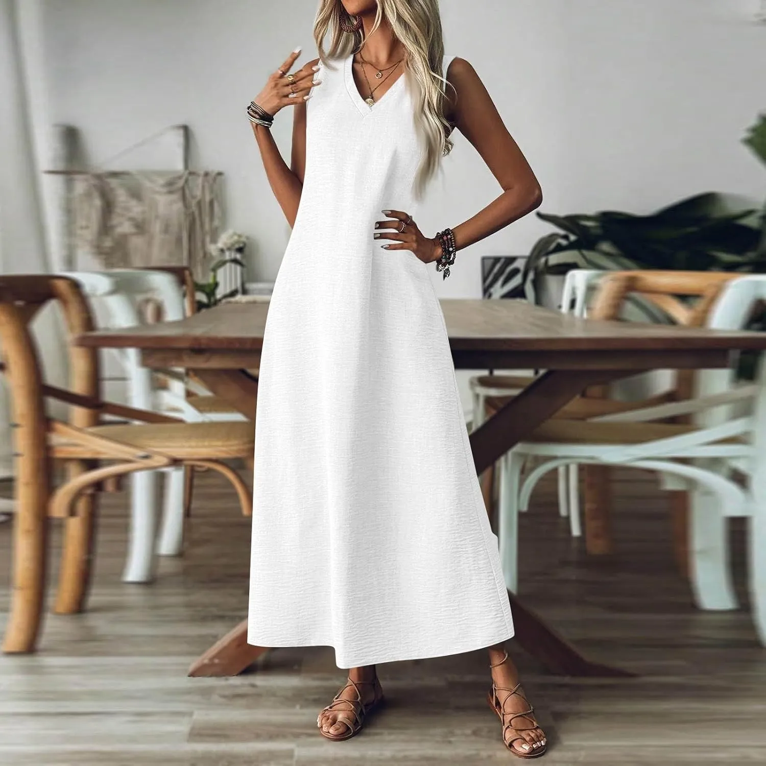 Summer Dresses for Women 2025 Sleeveless Casual Cotton Linen Sundress Plus Size Maxi Tank Beach Dress with Pocket