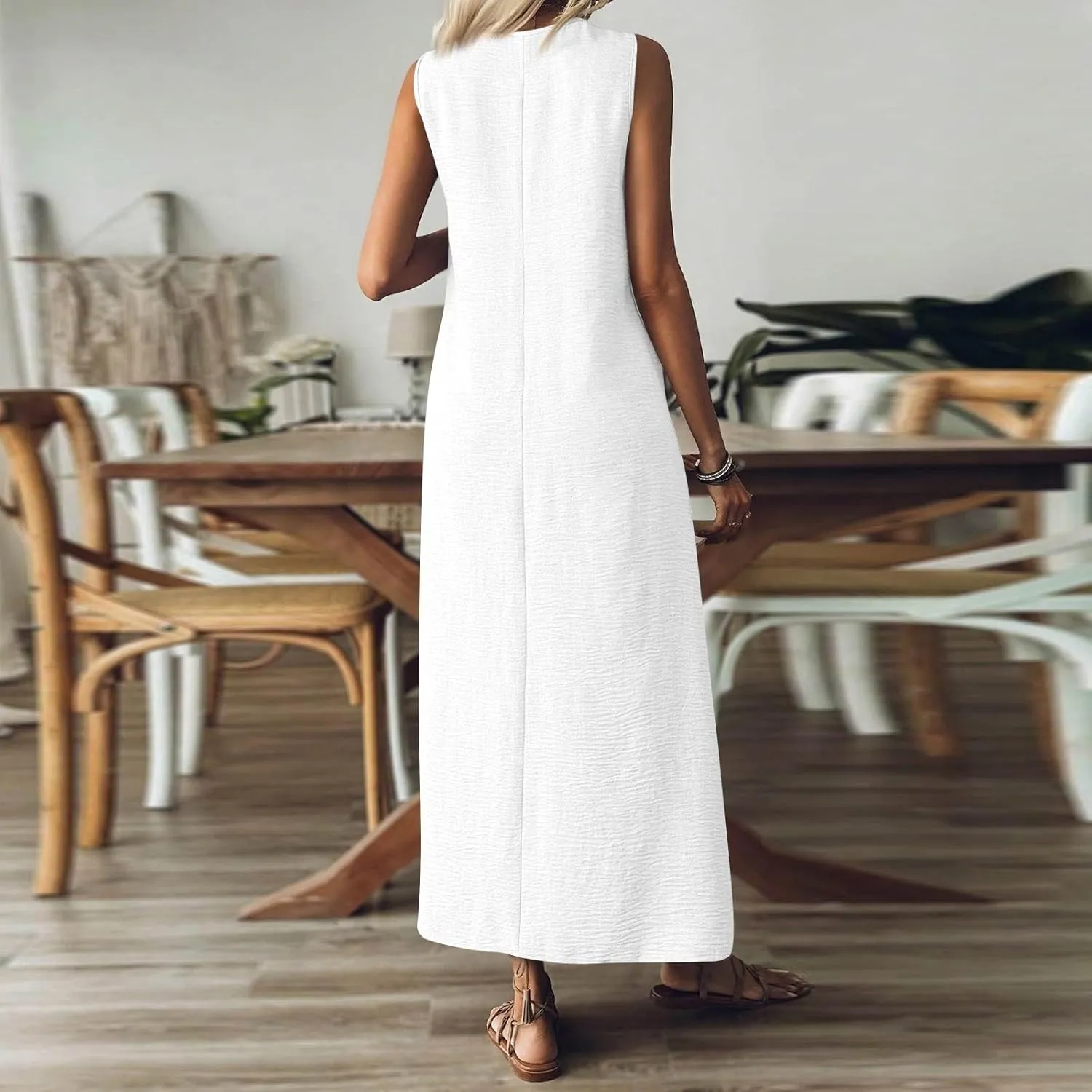 Summer Dresses for Women 2025 Sleeveless Casual Cotton Linen Sundress Plus Size Maxi Tank Beach Dress with Pocket