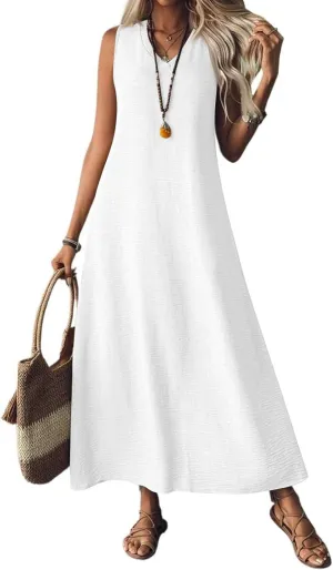 Summer Dresses for Women 2025 Sleeveless Casual Cotton Linen Sundress Plus Size Maxi Tank Beach Dress with Pocket