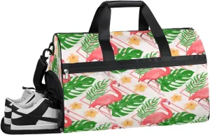 Summer Flamingo Palm Leaf Sports Gym Bag with Wet Pocket & Shoes Compartment Waterproof Workout Duffel Bag for Women and Men Weekender Overnight Duffle Bag Travel Carry-on Tote