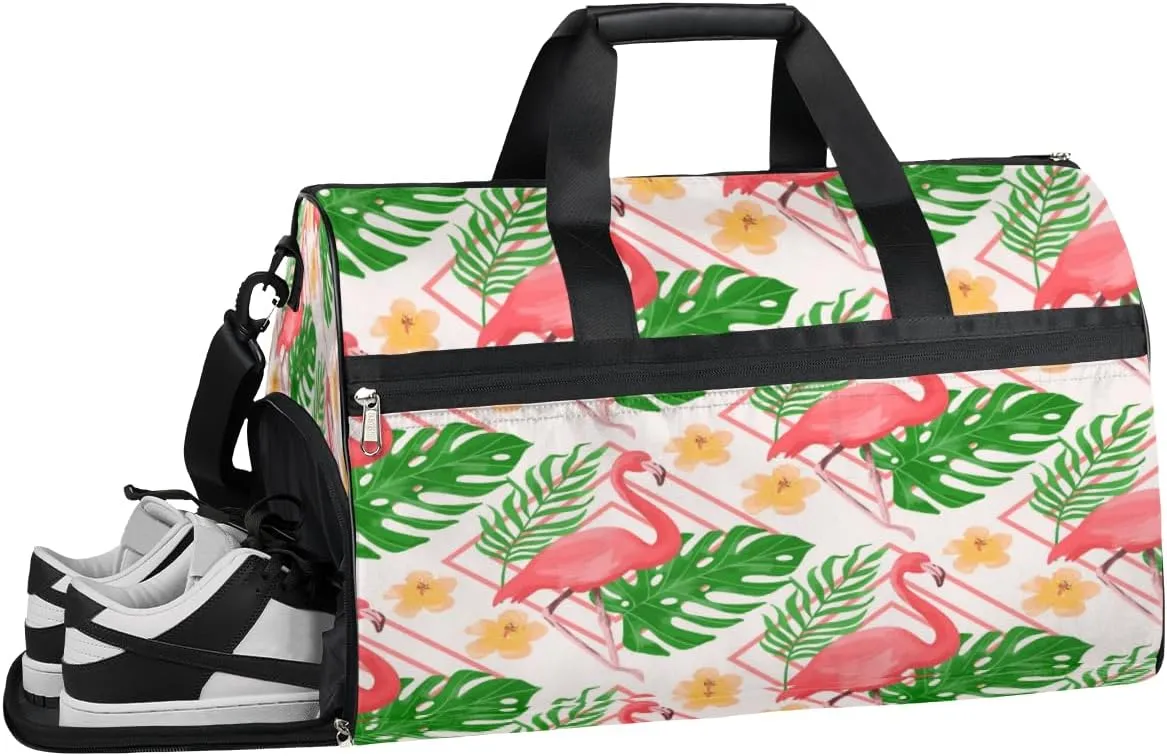Summer Flamingo Palm Leaf Sports Gym Bag with Wet Pocket & Shoes Compartment Waterproof Workout Duffel Bag for Women and Men Weekender Overnight Duffle Bag Travel Carry-on Tote