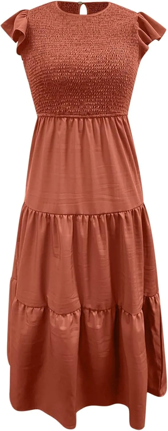 Summer Maxi Dresses for Women 2025 Scoop Neck Boho Sundresses Sleeveless Spaghetti Strap Sexy Dress Ruffle Line Casual