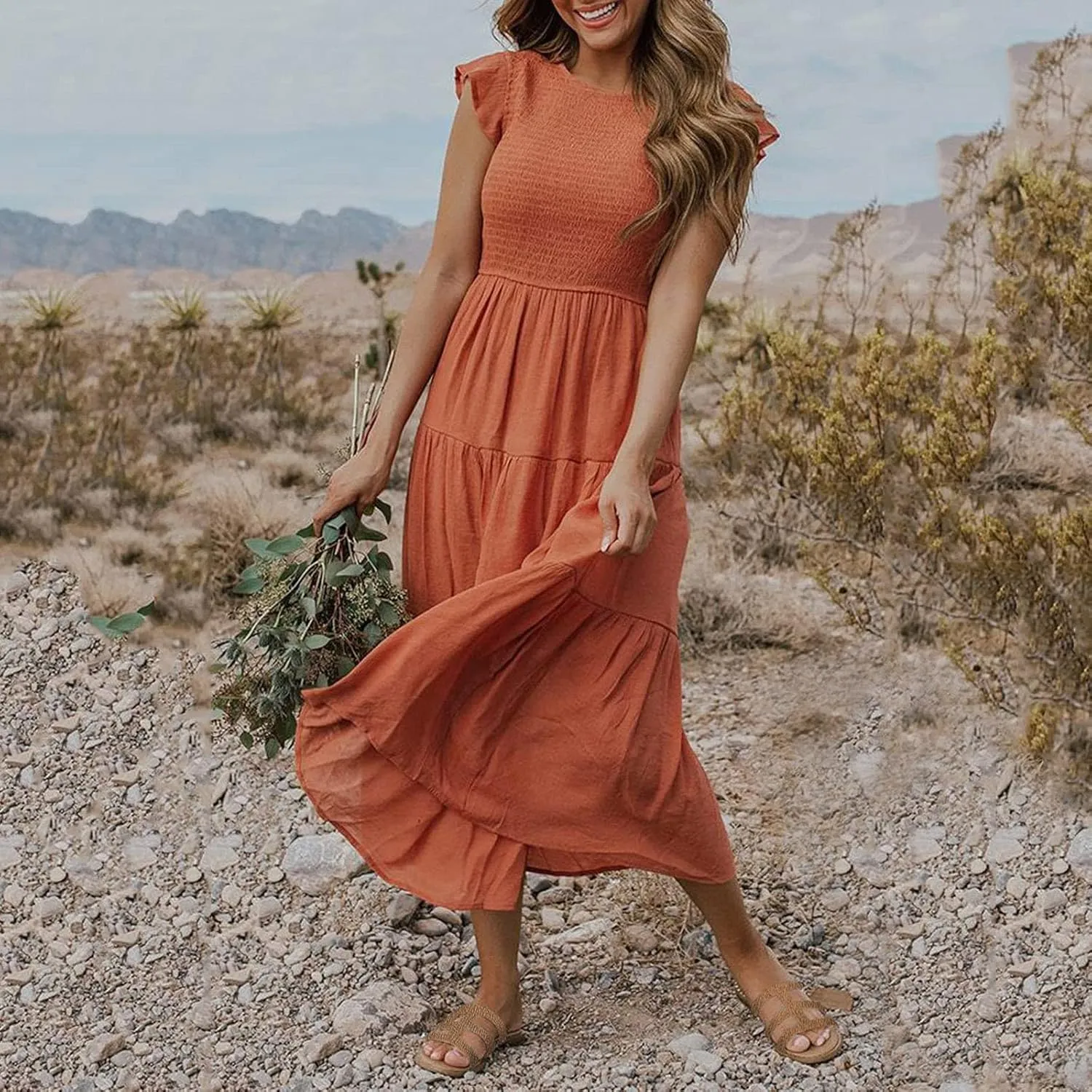 Summer Maxi Dresses for Women 2025 Scoop Neck Boho Sundresses Sleeveless Spaghetti Strap Sexy Dress Ruffle Line Casual