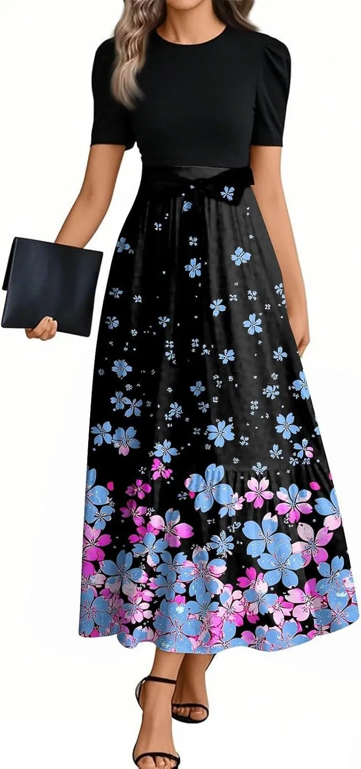 Summer Maxi Dresses for Women 2025 Wedding Guest Patchwork Tie Waist Belted Puff Sleeve A Line Swing Dress