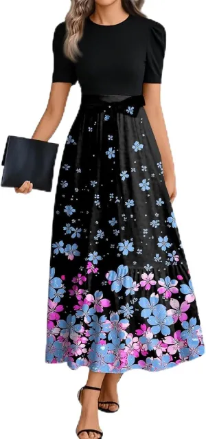 Summer Maxi Dresses for Women 2025 Wedding Guest Patchwork Tie Waist Belted Puff Sleeve A Line Swing Dress