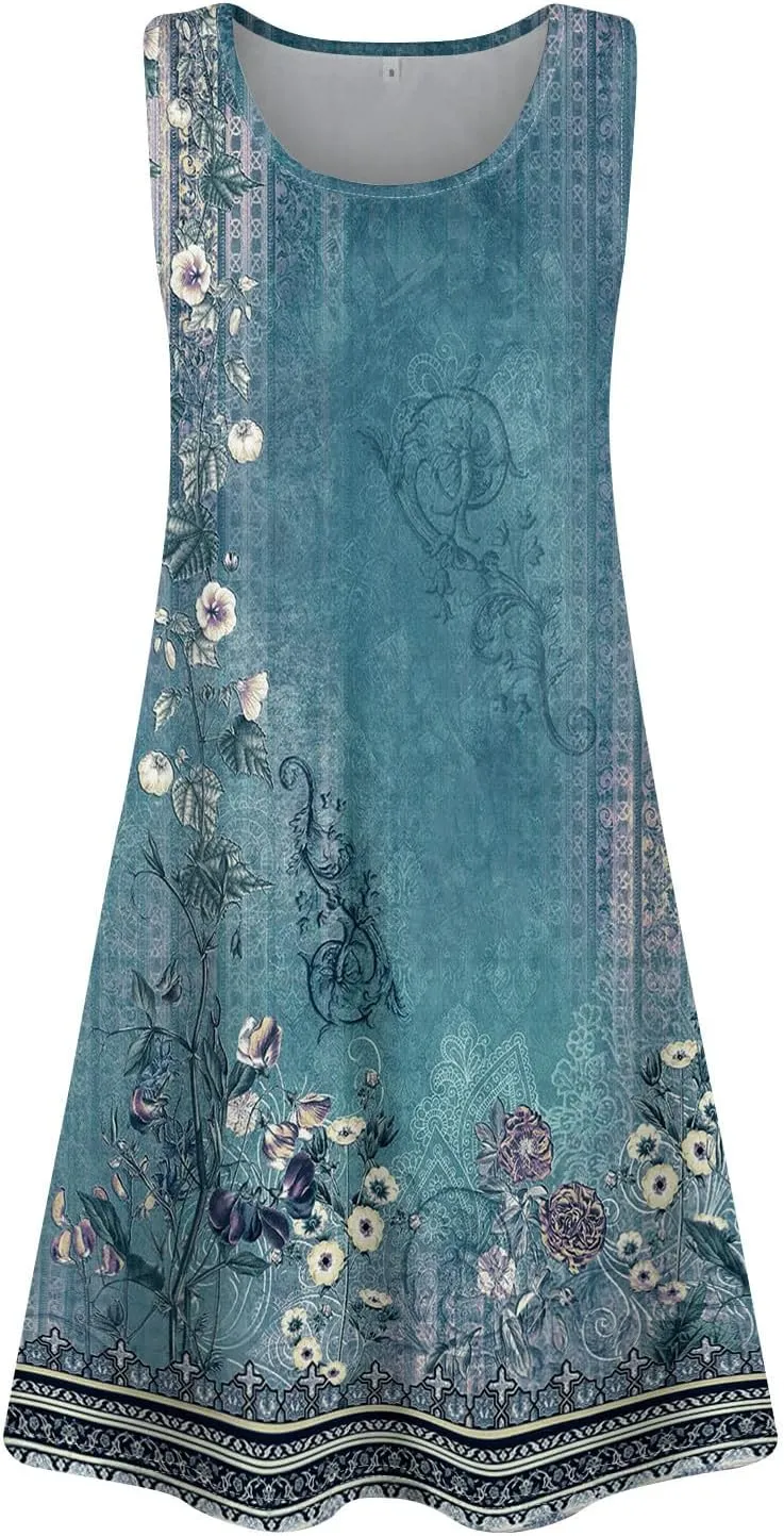 Sundresses for Women 2025 Vacation Summer Tank Dress with Pockets U Neck Sleeveless Frocks with Pockets