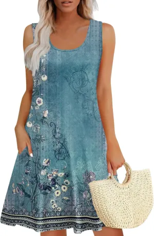 Sundresses for Women 2025 Vacation Summer Tank Dress with Pockets U Neck Sleeveless Frocks with Pockets