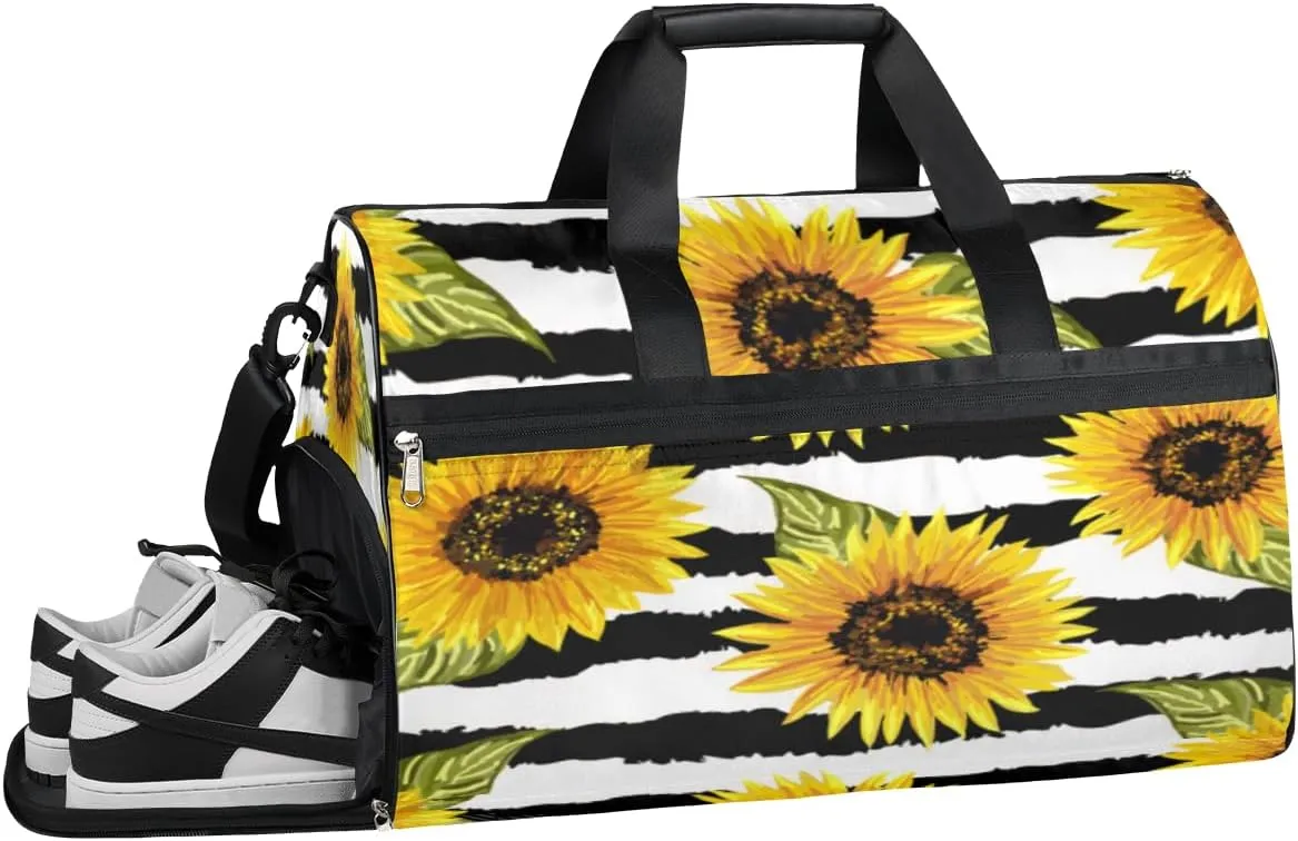 Sunflower Stripes Sports Gym Bag with Wet Pocket & Shoes Compartment Waterproof Workout Duffel Bag for Women and Men Weekender Overnight Duffle Bag Travel Carry-on Tote