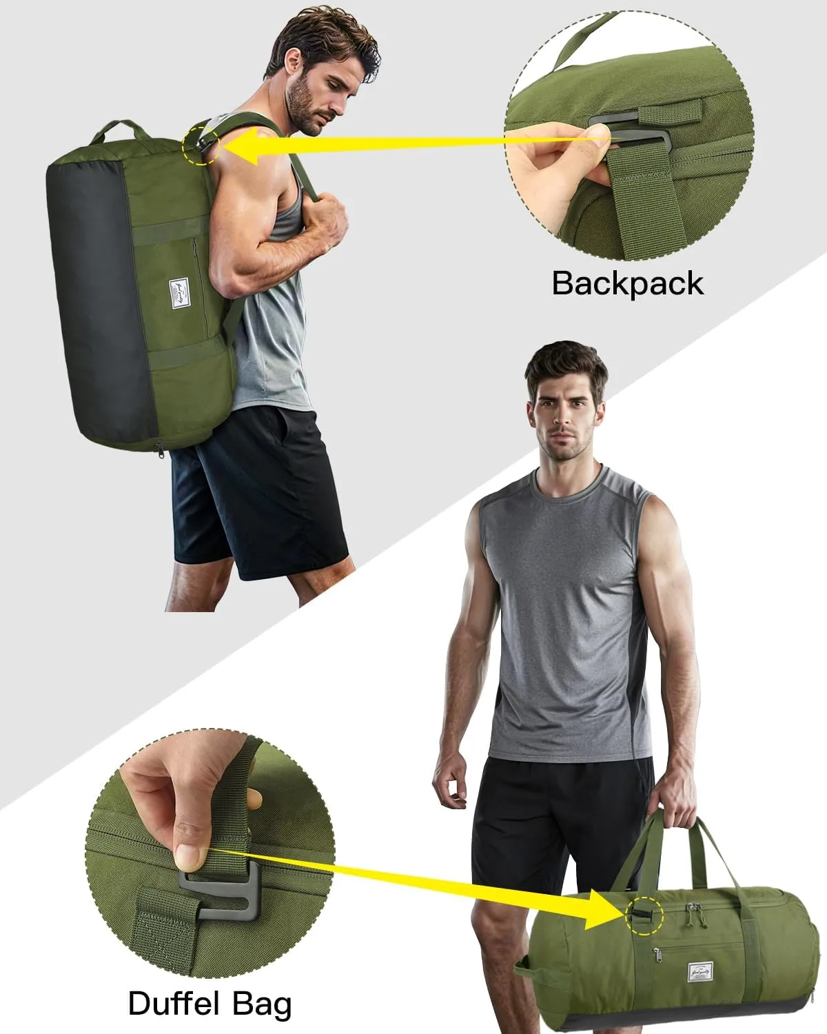 Taihoyin Gym Duffle Bag Men Large 60L Travel Duffel Bag with Shoe Compartment, Green, 24 In, Duffle Bag Backpack
