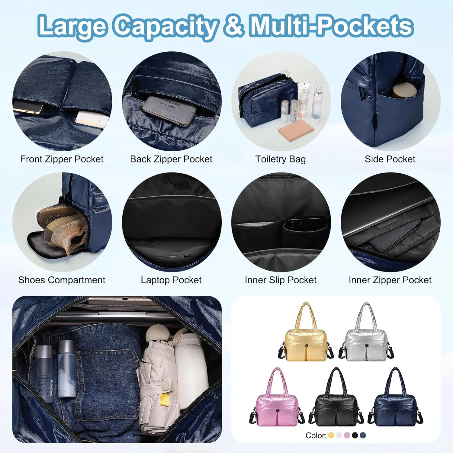 Travel Duffel Bag, 20L Weekend Bag for Women, Gym Bag with Shoes Compartment, Luggage Overnight Carry on Bag with Wet Pocket for Travel Camping, Dark Blue