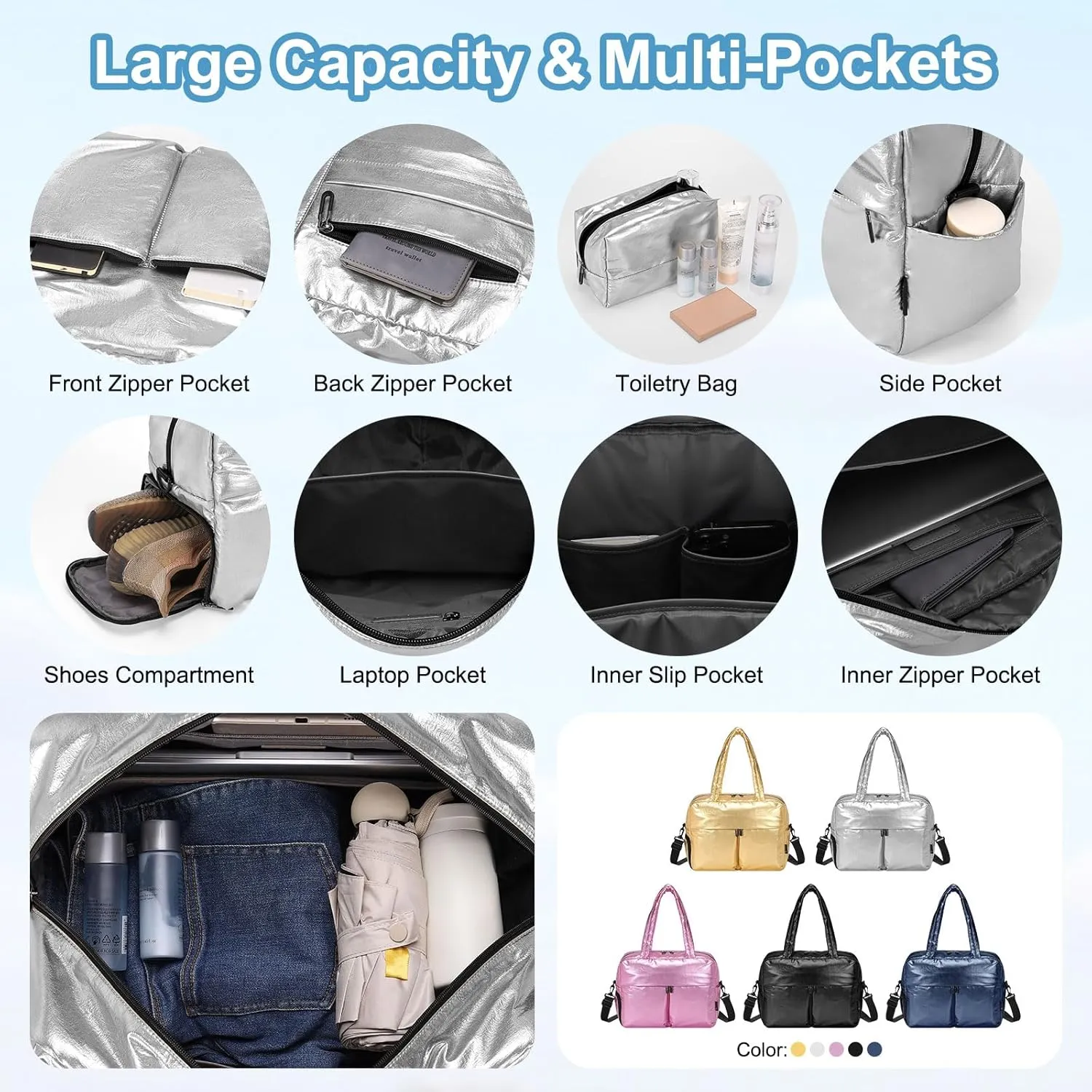 Travel Duffel Bag, 20L Weekend Bag for Women, Gym Bag with Shoes Compartment, Luggage Overnight Carry on Bag with Wet Pocket for Travel Camping, Silver