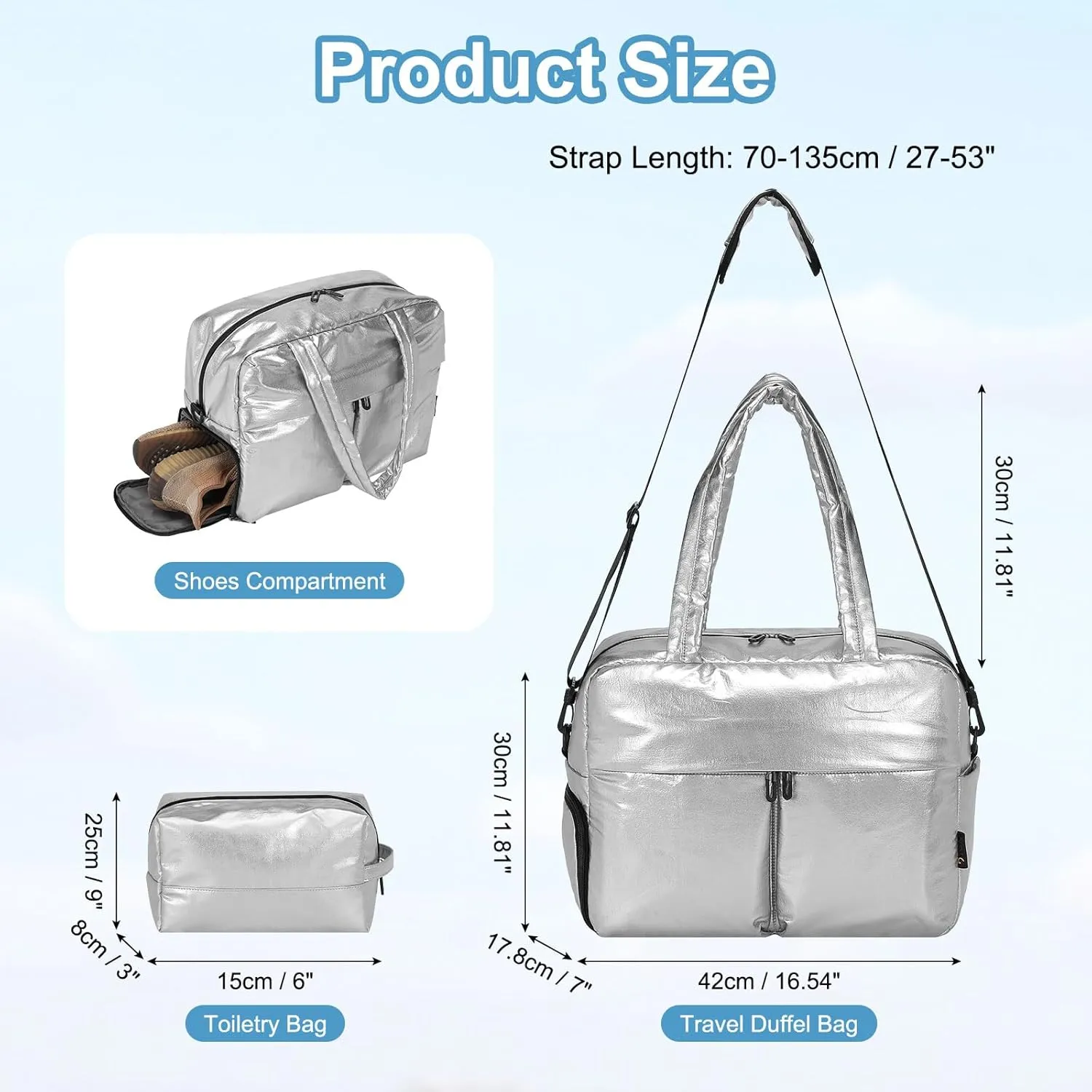Travel Duffel Bag, 20L Weekend Bag for Women, Gym Bag with Shoes Compartment, Luggage Overnight Carry on Bag with Wet Pocket for Travel Camping, Silver