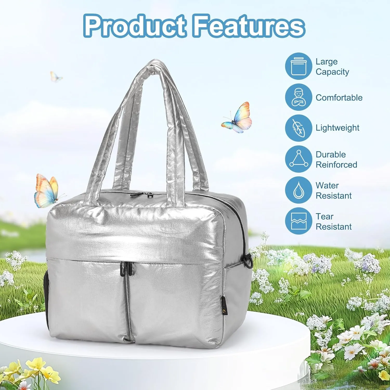 Travel Duffel Bag, 20L Weekend Bag for Women, Gym Bag with Shoes Compartment, Luggage Overnight Carry on Bag with Wet Pocket for Travel Camping, Silver